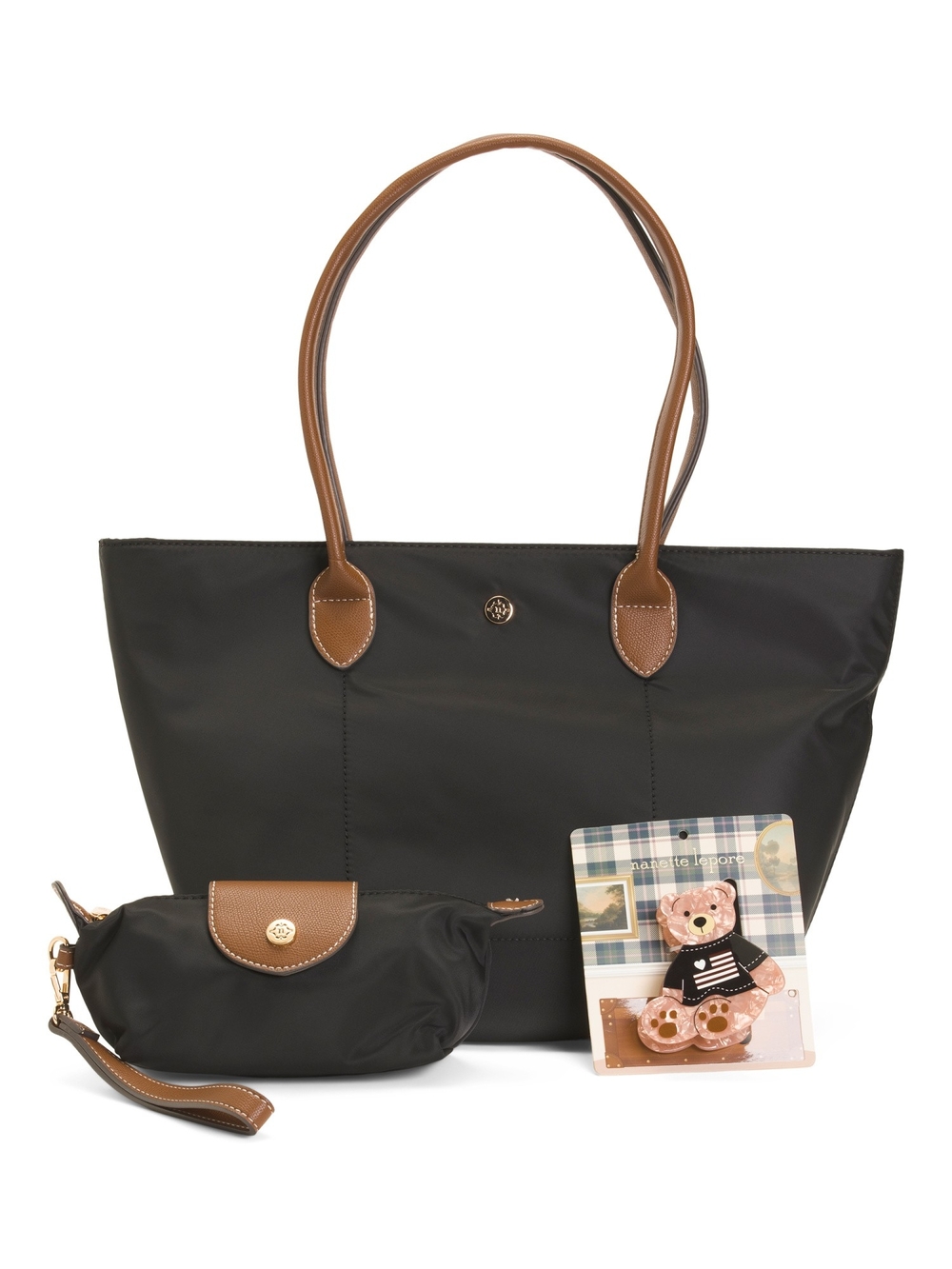 Nanette Lepore Black Tote with Brown Trim and Wristlet